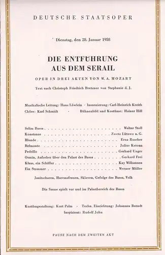 Theaterprogramm, Deutsche Staatsoper Berlin, Die Entführung aus dem Serail, 1958