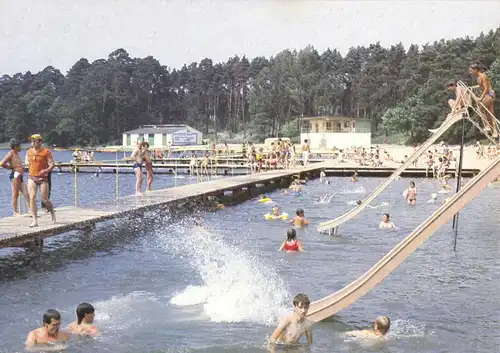 AK, Piła, Schneidemühl, Osrodek wypoczynkowy nad jeziorem Plotki, Bad, 1988