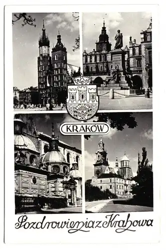 AK, Kraków, Krakau, cztery ilustracje, vier Abb. und Wappen, Echtfoto, um 1960