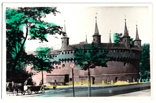 AK, Kraków, Krakau, Barbakan, Echtfoto, handcoloriert, um 1955