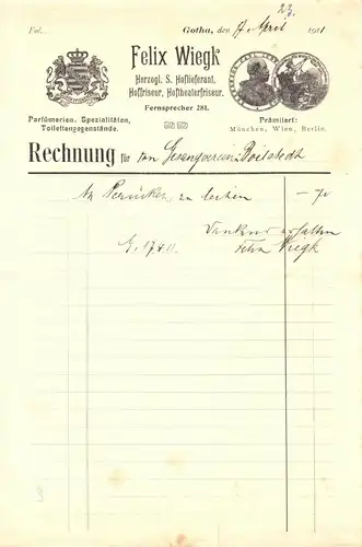 Ill. Rechnung, Fa. Felix Wiegk, Hoffriseur, Hoftheaterfriseur, Gotha, 17.4.1911