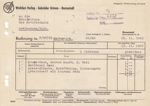 Rechnung, Winklers Verlag - Gebrüder Grimm -, Darmstadt, 25.11.43