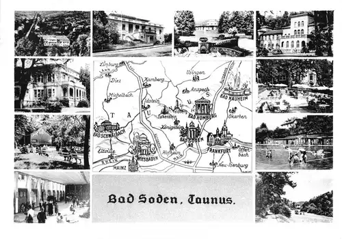 AK, Bad Soden Taunus, 10 Abb., und Landkarte, 1969