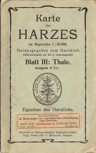 Wanderkarte, Karte des Harzes, Blatt III, Thale, 1914