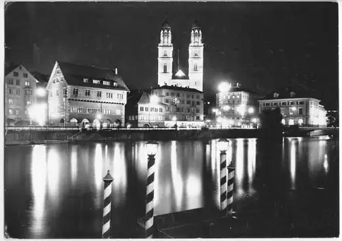 AK, Zürich, ZH, Zunfthäuser mit Grossmünster, Nachtansicht, 1964