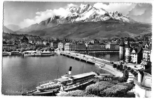 AK, Luzern, LU, Teilansicht mit Fahrgstschiffen und Pilatus, 1951