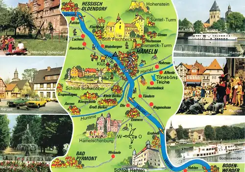 AK, Weser zwischen Bodenwerder u. Hess. Oldendorf, Landkarte u. 6 Abb., um 1992