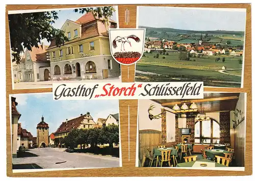 AK, Schlüsselfeld, Gasthof Storch, vier Abb., gestaltet, um 1972