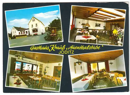 AK, Joditz, Gasthaus Walther Kraus "Auenthalstube", vier Abb., gestaltet, 1980
