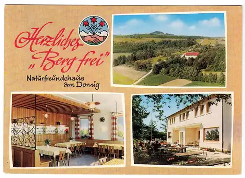 AK, Staffelstein, Naturfreundehaus am Dornig, drei Abb., gestaltet, um 1973