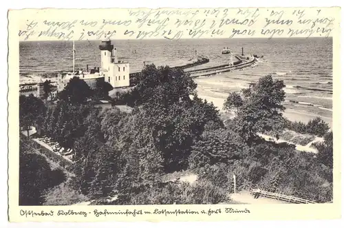 AK, Ostseebad Kolberg, Kołobrzeg, Hafeneinfahrt mit Lotsenstation und Fort, 1937