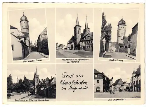 AK, Gerolzhofen im Steigerwald, fünf innerstädt. Abb., um 1957