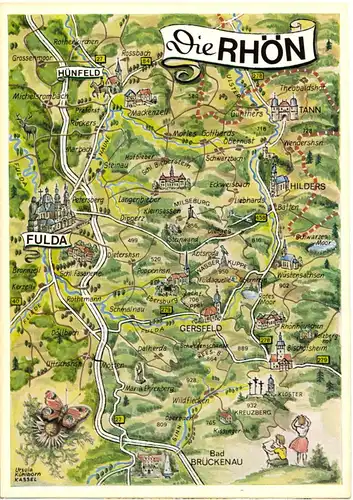 AK, Fulda, Landkarte der Hessischen Rhön, um 1975