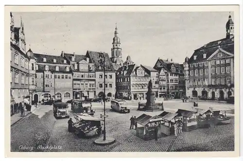 AK, Coburg, Marktplatz mit Bussen und Markttreiben, 1943