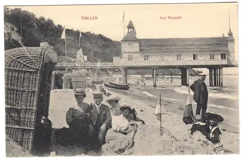 AK, Ostseebad Sellin Rügen, Strandszene belebt mit Seebrücke, um 1908
