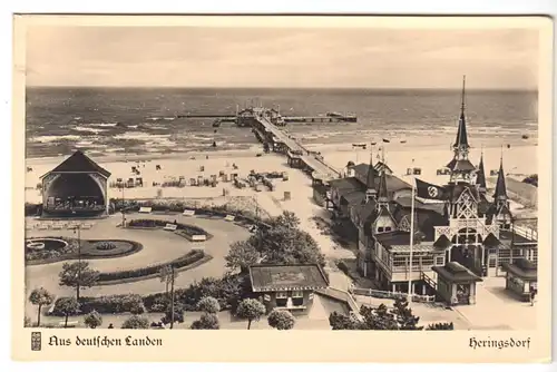 AK, Seebad Heringsdorf, Luftbild des Areals an der Seebrücke, 1934