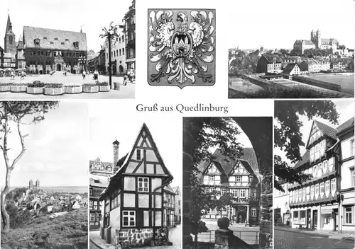 AK groß, Quedlinburg, sechs Abb. und Wappen, 1983