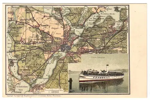 Farblitho-AK, Potsdam, Landkarte der Stadt und Dampfer, um 1906