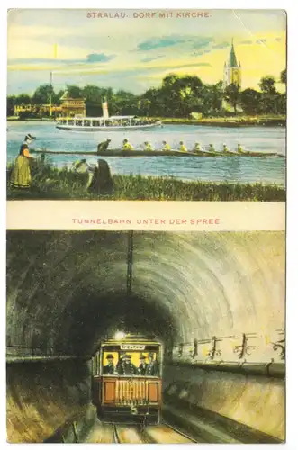 AK, Berlin Stralau, zwei Abb., Teilansicht und Tunnelbahn, Reprint, 1950er