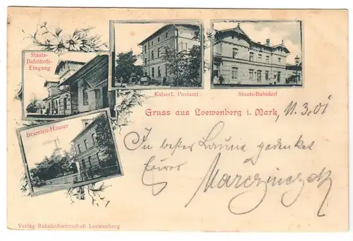 AK, Löwenberg i. Mark, vier Abb., Staatsbahnhof und Postamt, 1901