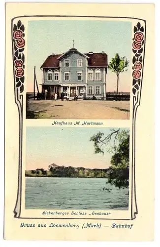 AK, Löwenberg Mark - Bahnhof, zwei Abb., Kaufhaus M. Hartmann u. "Seehaus", 1910
