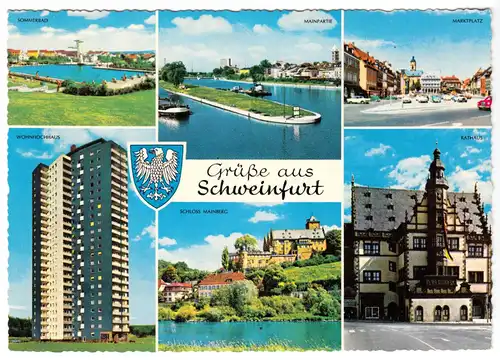 AK, Schweinfurt am Main, sechs Abb. und Wappen, 1969