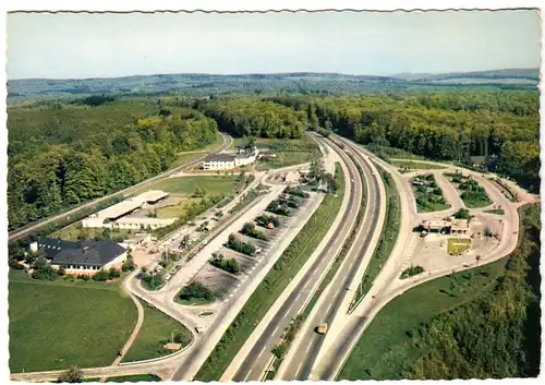 AK, Rohrbrunn über Aschaffenburg, Autobahn-Rasthaus im Spessart, Luftbild, 1969