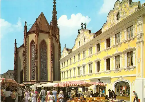 AK, Würzburg, Markt mit Markttreiben, Marienkapelle u. Falkenhaus, um 1980