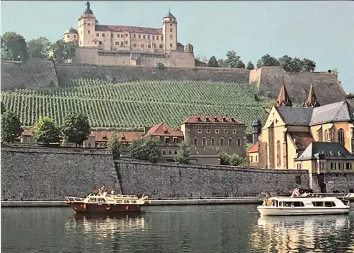 AK, Würzburg, Teilansicht vom Main aus mit Fahrgastschiffen Circe I + II, 1979