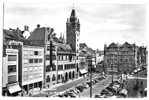 AK, Basel, BS, Marktplatz, belebt, 1959