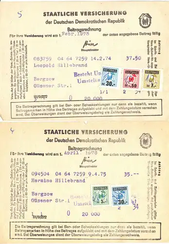 6 Beitragsrechnungen d. staatl. Versicherung der DDR, Beitragsmarken, 1973-76