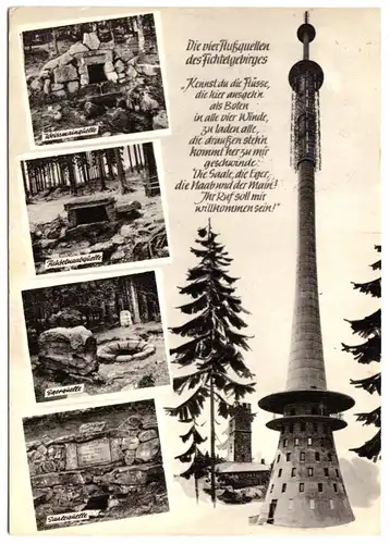 AK, Bischofsgrün, vier Flußquellen des Fichtelgebirges, Fernsehturm, um 1968