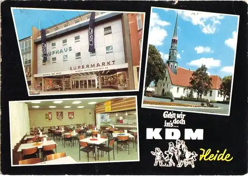 AK, Heide Holstein, drei Abb., Kaufhaus KDM, Gastraum, Kirche, 1970