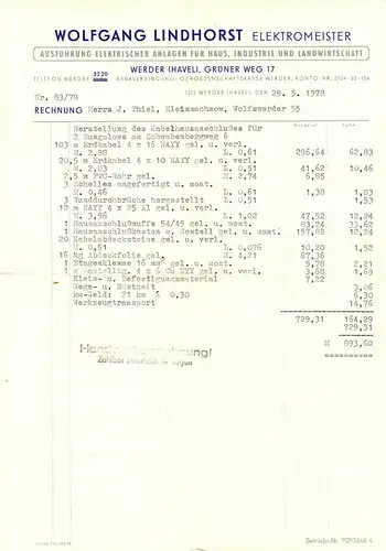 zwei Rechnungen, Elektromeister Wolfgang Lindhorst, Werder Havel, 1978