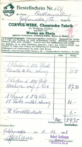 Bestellschein, Corvus-Werk, Chemische Fabrik, Worms am Rhein, 01.12.1938