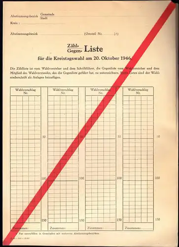 Zählliste für die Kreistagswahl am 20. Oktober 1946, blanko