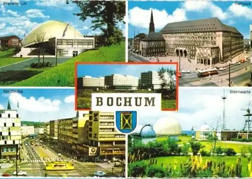 AK, Bochum, 5 Abb., u.a. Sternwarte, Stadtmitte mit Straßenbahn, Wappen, um 1967