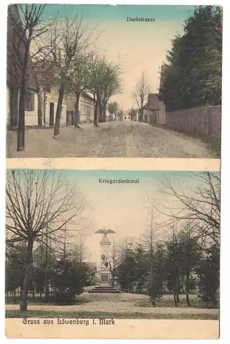 AK,  Löwenberg Mark Kr. Gransee, zwei Abb., Dorfstr. u. Kriegerdenkmal, um 1914