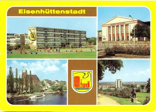 AK, Eisenhüttenstadt, vier Abb., gestaltet, Stadtwappen, 1983