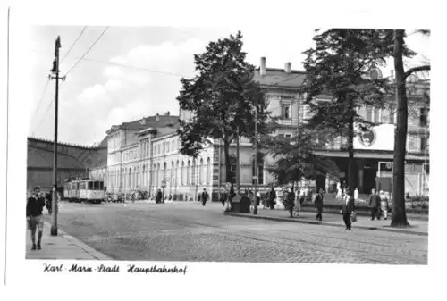 AK, Karl-Marx-Stadt, Hauptbahnhof, Straßenbahn, 1955