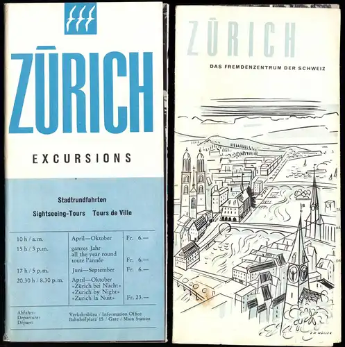 tour. Broschüre, Exkursionen von Zürich aus, um 1958, Beilage: Stadtprospekt