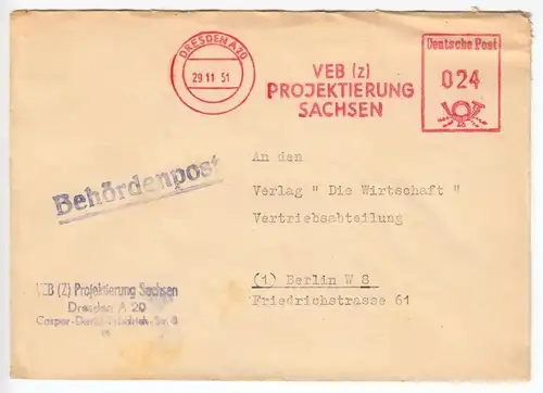 AFS, VEB (Z) Projektierung Sachsen, o Dresden A 20, 29.11.51