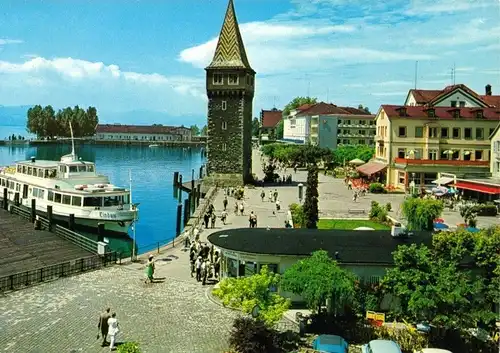 AK, Lindau Bodensee, Straßenpartie am Hafen mit Mangturm, Version 2, um 1980