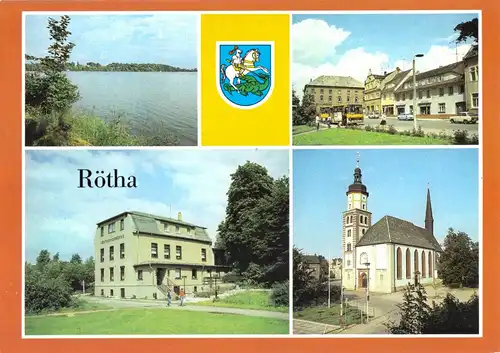 AK, Rötha Kr. Borna, vier Abb, u.a. Kirche, 1986