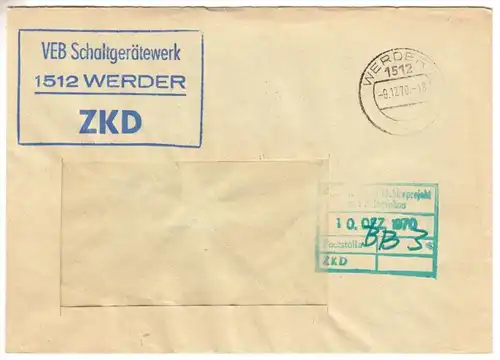 ZKD-Brief, VEB Schaltgerätewerk 1512 Werder, Werder 1, 1512, 9.12.70