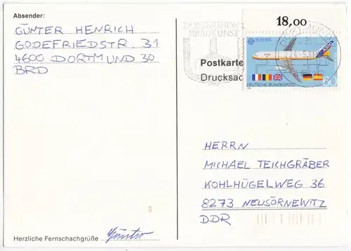 Bedarfspostkarte, BRD, Michel 1387, EF, Oberandstück, o Dortmund 1, 24.5.88