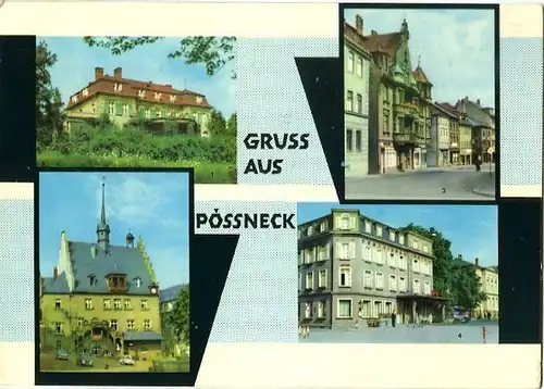 AK, Pössneck, 4 Abb., u.a. "Posthirsch-Hotel", 1965