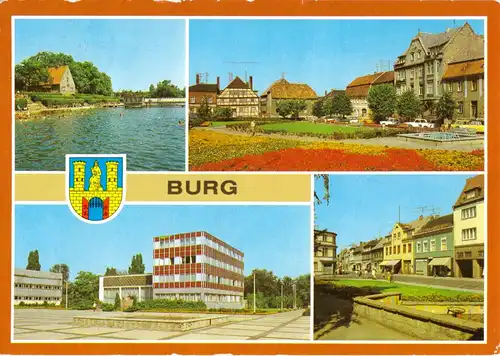 AK, Burg bei Magdeburg, vier Abb. u.a. Freibad, um 1989