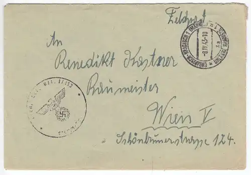 Feldpostbeleg, II. WK, Ungarisch-Kradisch 1 (Mähren), 8.IV.43