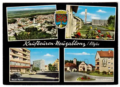 AK, Kaufbeuren - Neugablonz Allgäu, vier Abb. und Wappen, 1970